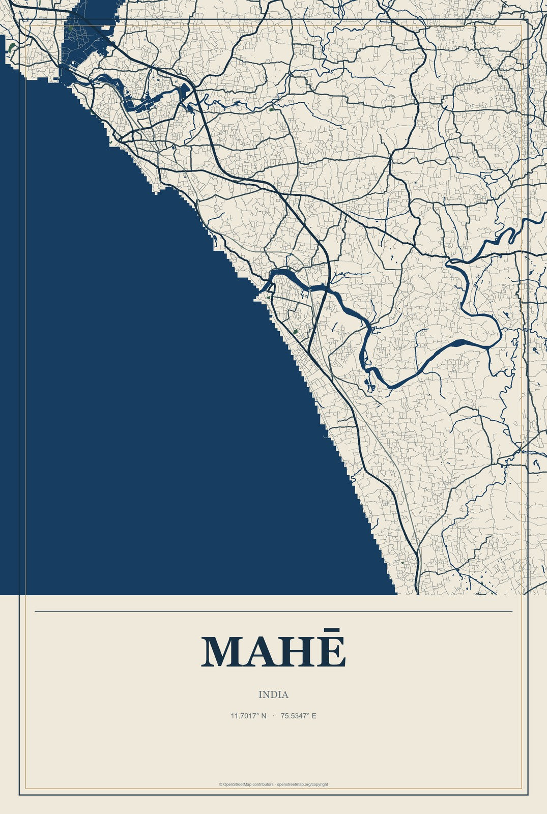 Mahē, India City Map Aluminum Sign in Coastal Cutout style
