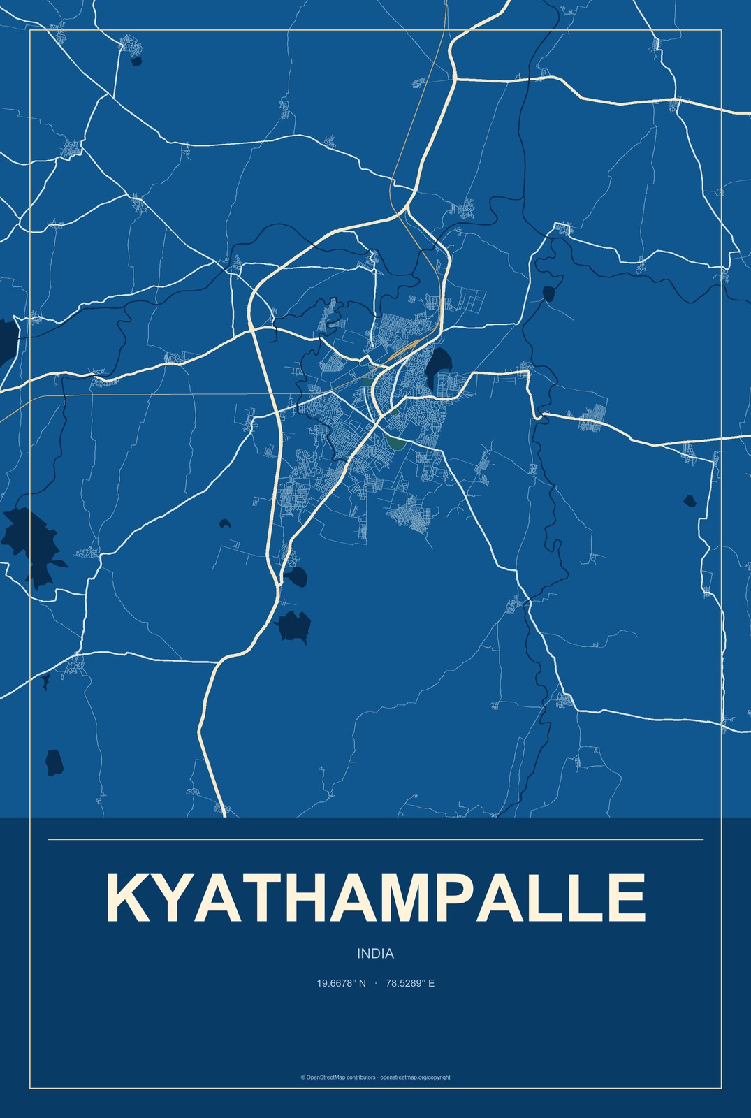 Kyathampalle, India City Map Aluminum Sign in Harbor Cobalt style