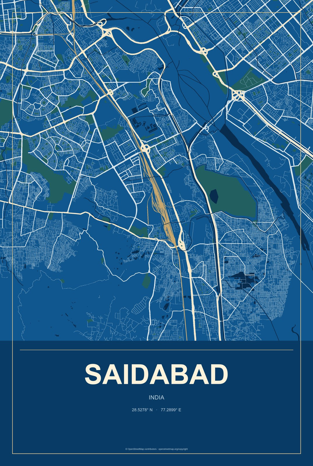 Saidabad, India City Map Aluminum Sign in Harbor Cobalt style