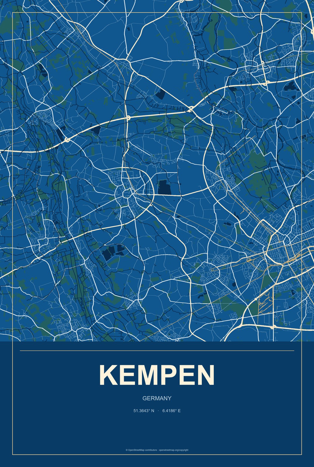 Kempen, Germany City Map Aluminum Sign in Harbor Cobalt style