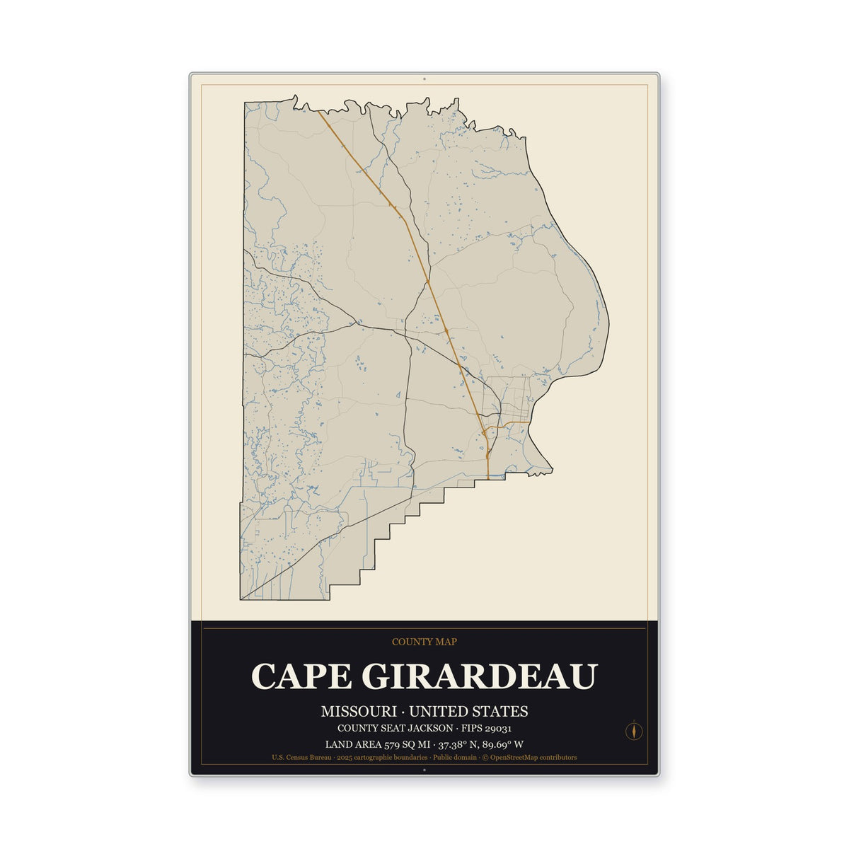 Cape Girardeau County, Missouri Map Aluminum Sign in Museum Plaque style