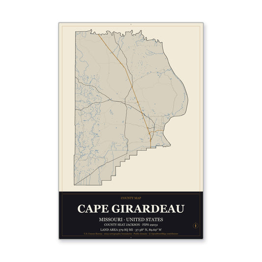 Cape Girardeau County, Missouri Map Aluminum Sign in Museum Plaque style