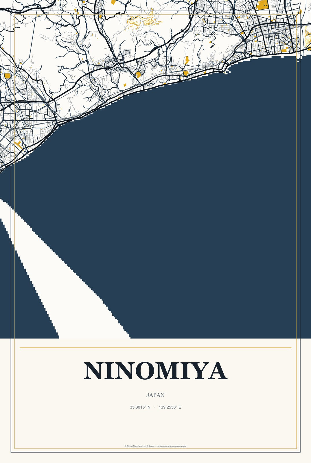 Ninomiya, Japan City Map Aluminum Sign in Citrine Modern style