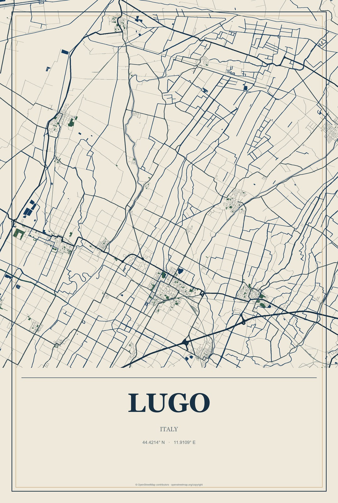 Lugo, Italy City Map Aluminum Sign in Coastal Cutout style