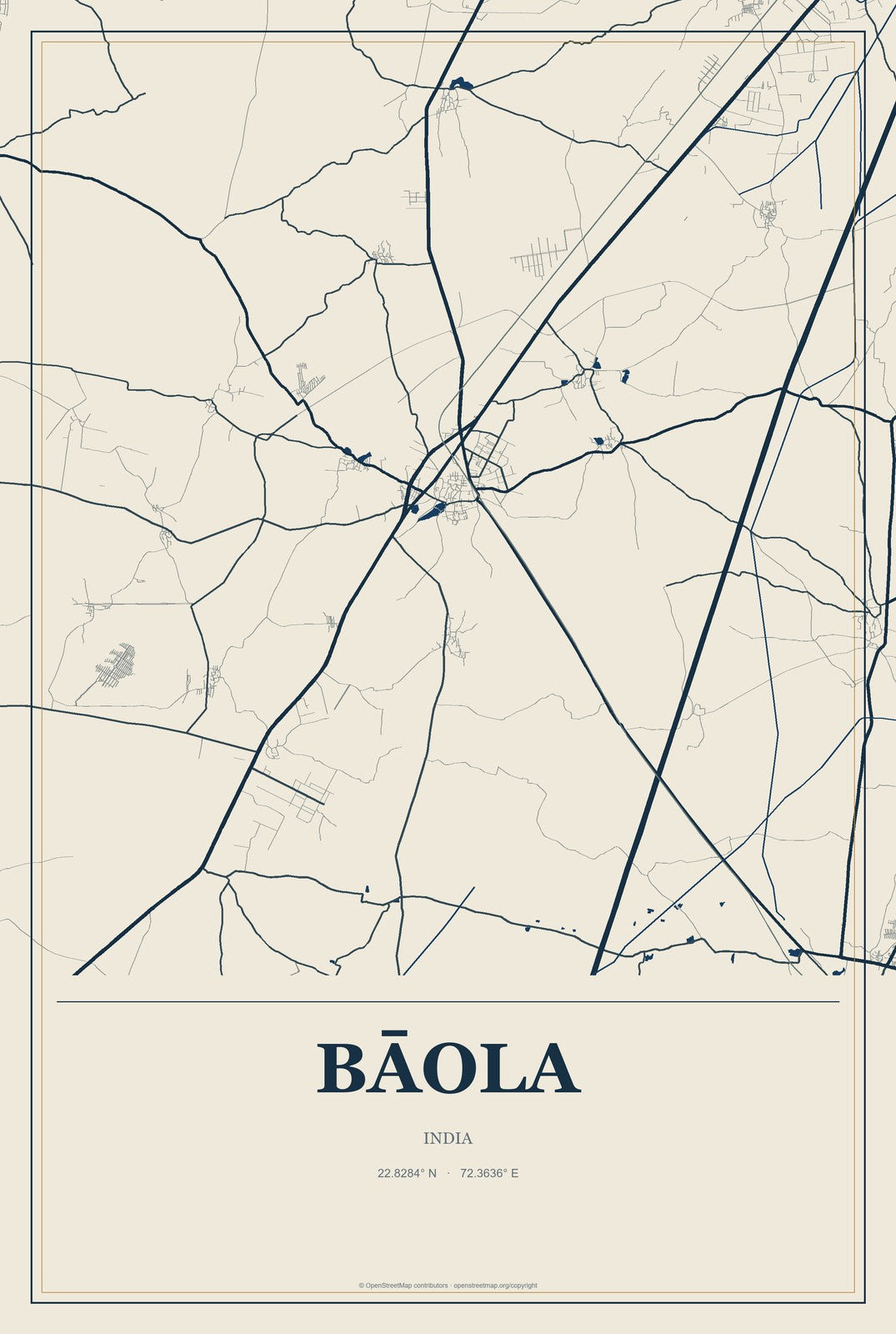 Bāola, India City Map Aluminum Sign in Coastal Cutout style