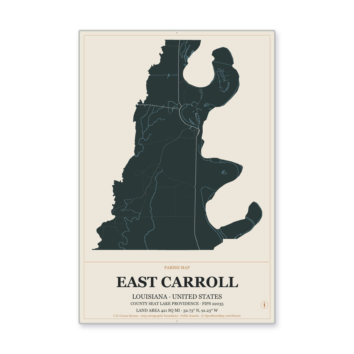 East Carroll Parish, Louisiana Map Aluminum Sign in Headline Atlas style