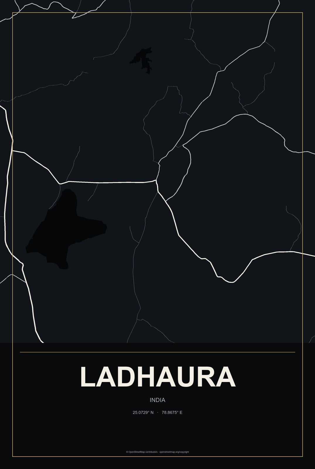 Ladhaura, India City Map Aluminum Sign in Metropolitan Noir style