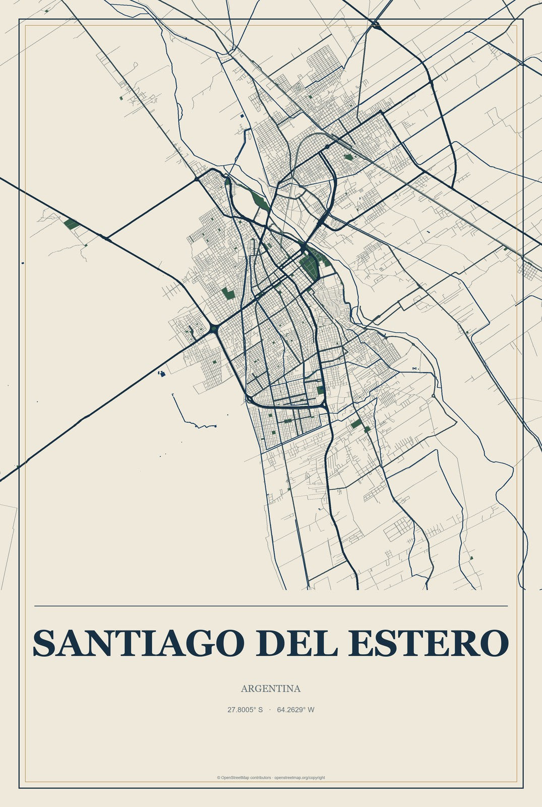Santiago del Estero, Argentina City Map Aluminum Sign in Coastal Cutout style