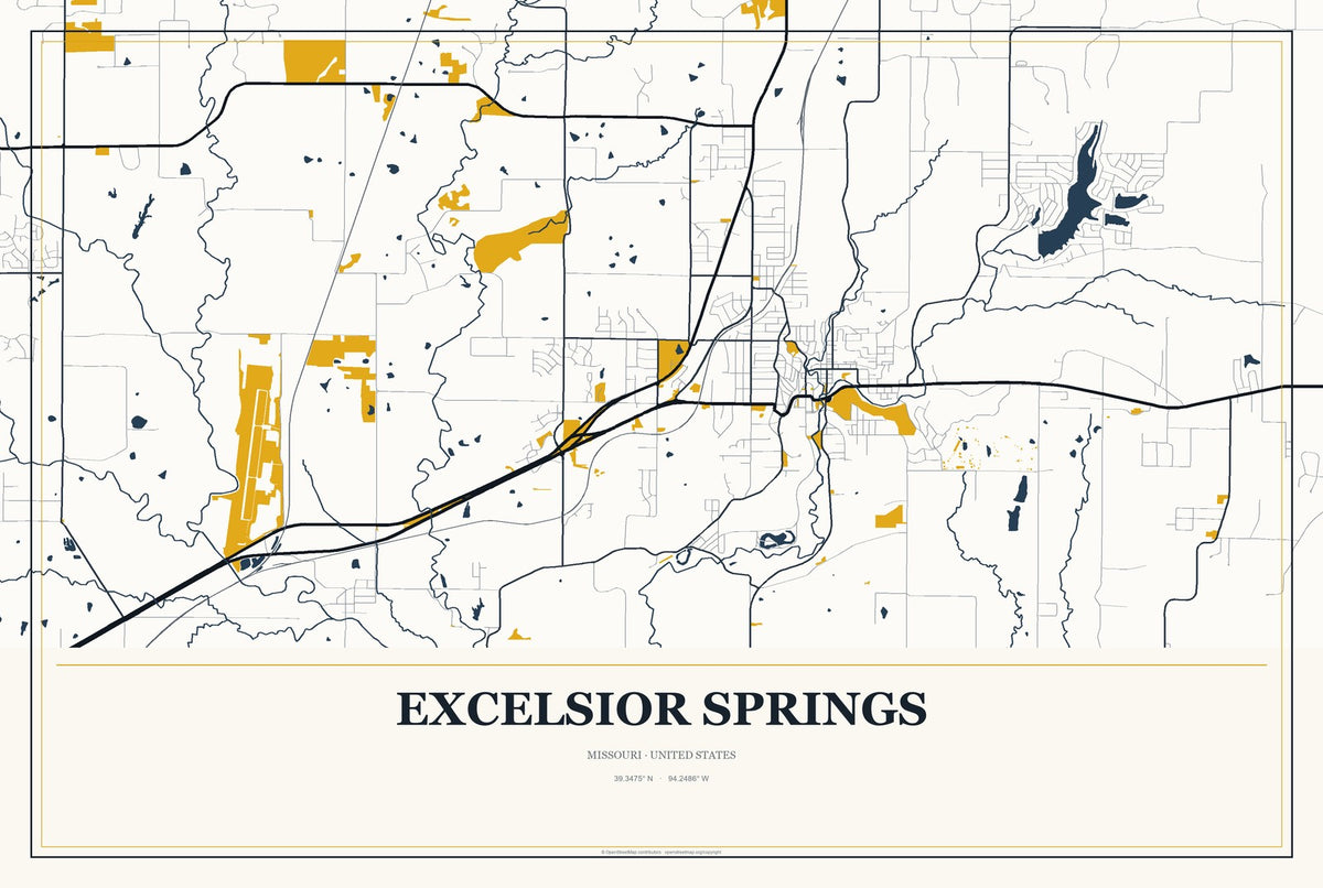 Excelsior Springs, Missouri City Map Aluminum Sign in Citrine Modern style