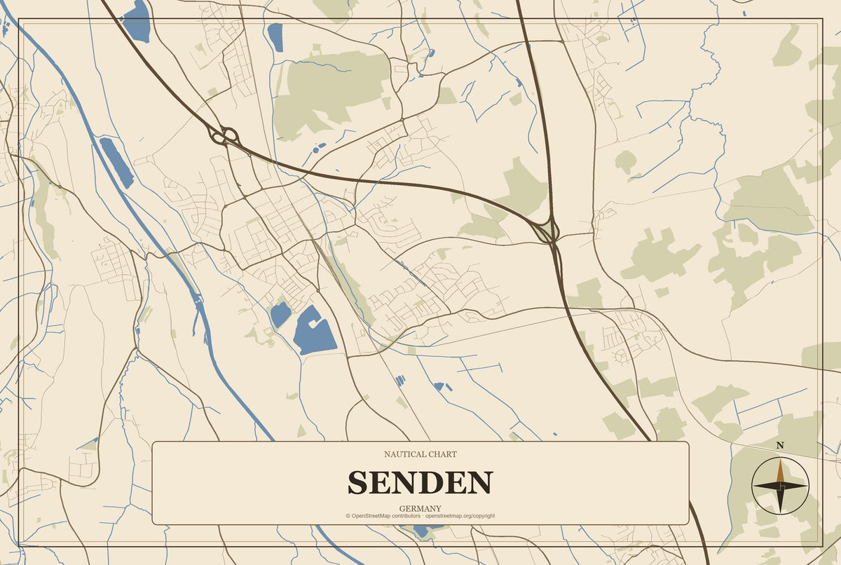 Senden, North Rhine-Westphalia, Germany City Map Aluminum Sign in Heritage Nautical style