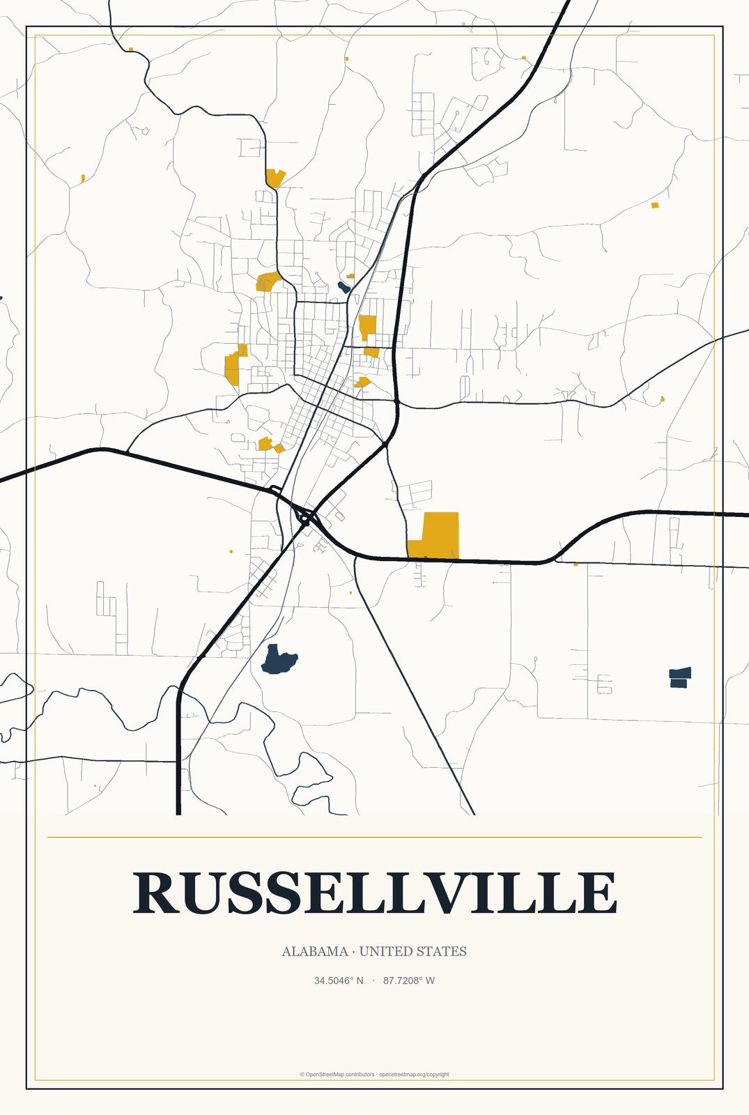 Russellville, Alabama City Map Aluminum Sign in Citrine Modern style