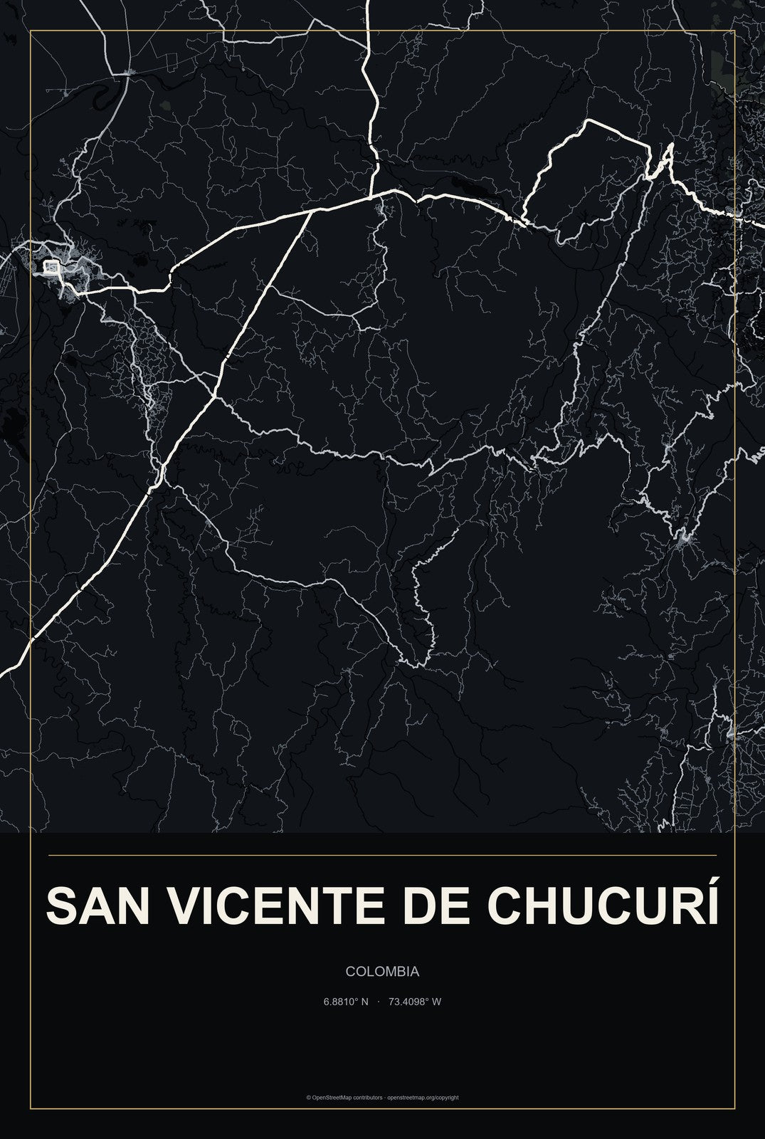 San Vicente de Chucurí, Colombia City Map Aluminum Sign in Metropolitan Noir style