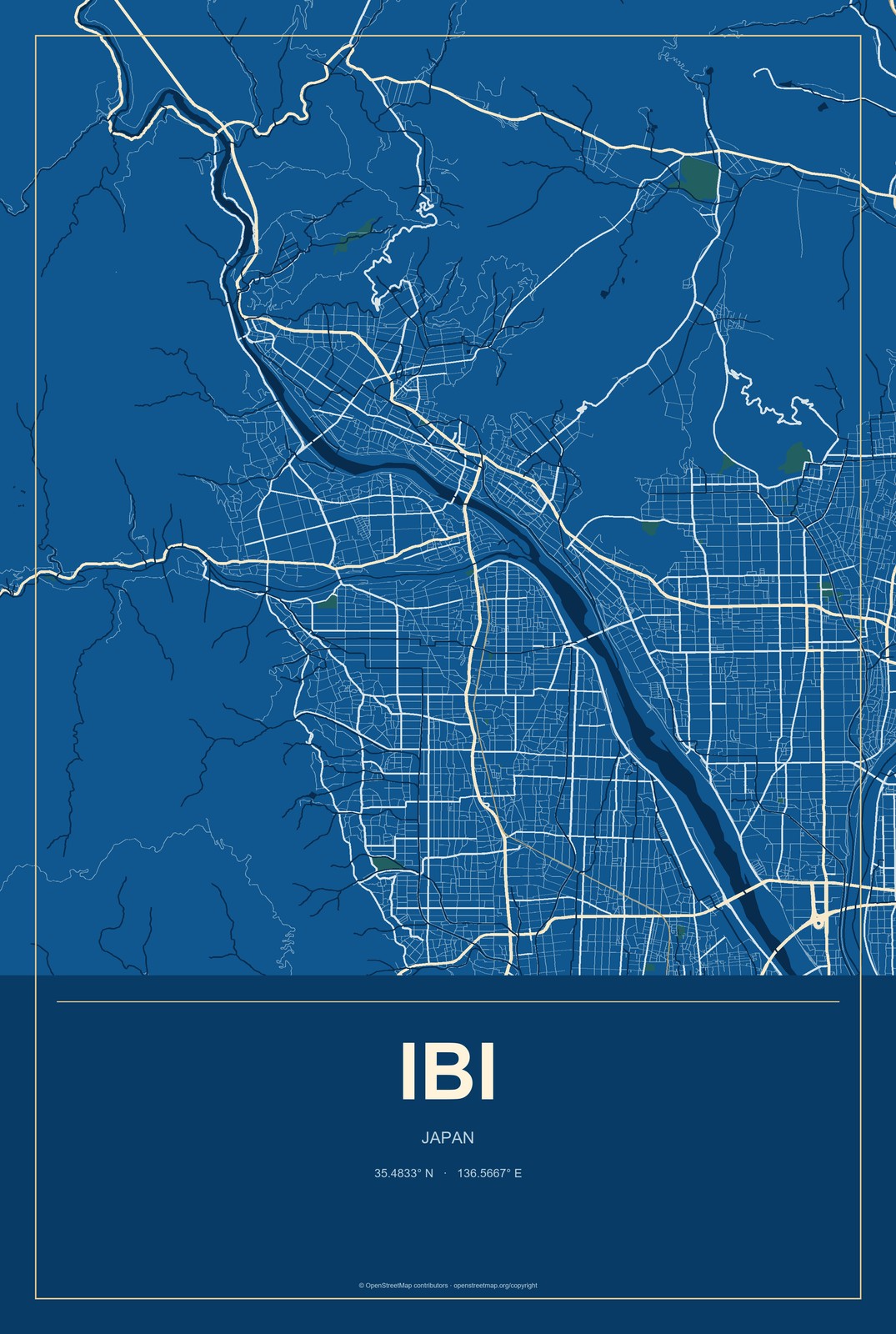 Ibi, Japan City Map Aluminum Sign in Harbor Cobalt style