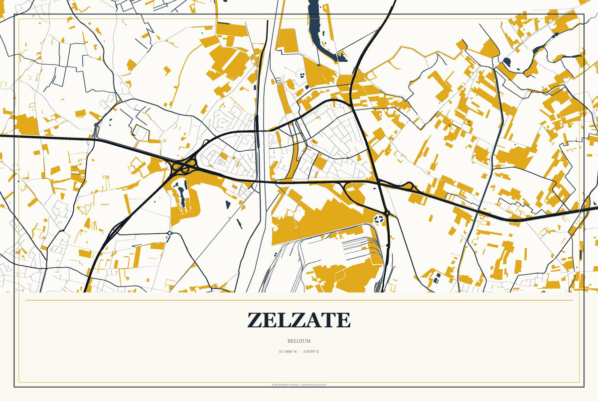 Zelzate, Belgium City Map Aluminum Sign in Citrine Modern style