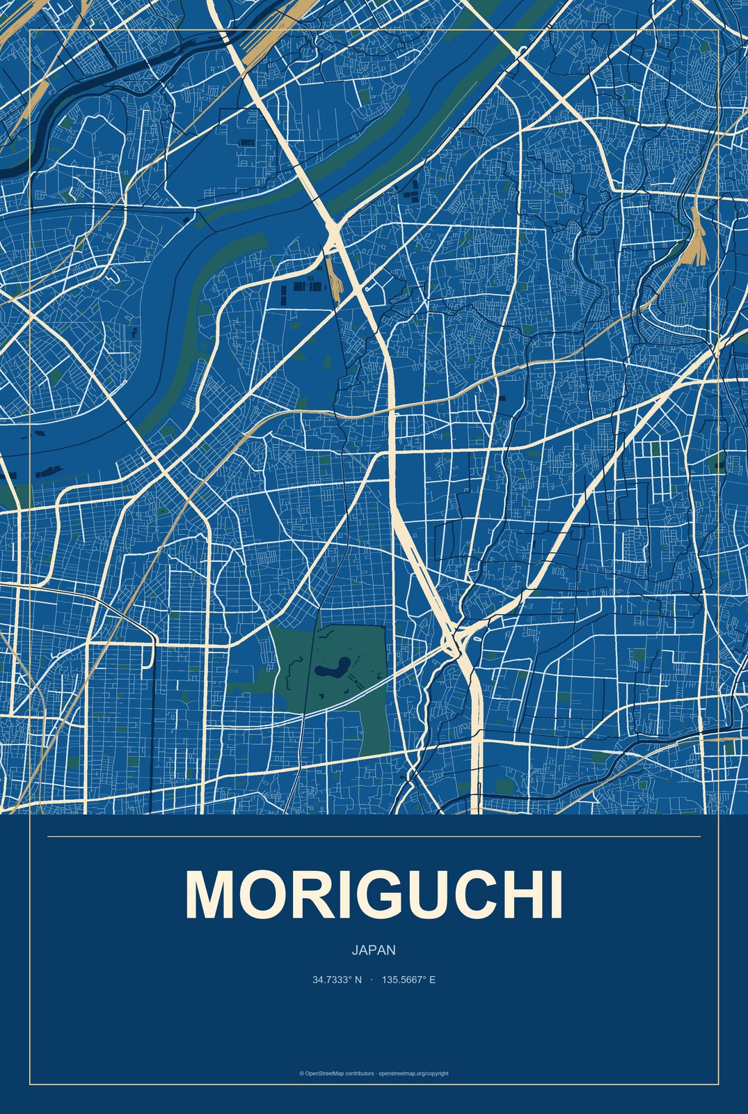 Moriguchi, Japan City Map Aluminum Sign in Harbor Cobalt style