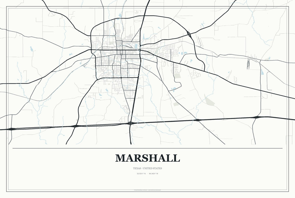 Marshall, Texas City Map Aluminum Sign in Gallery Air style