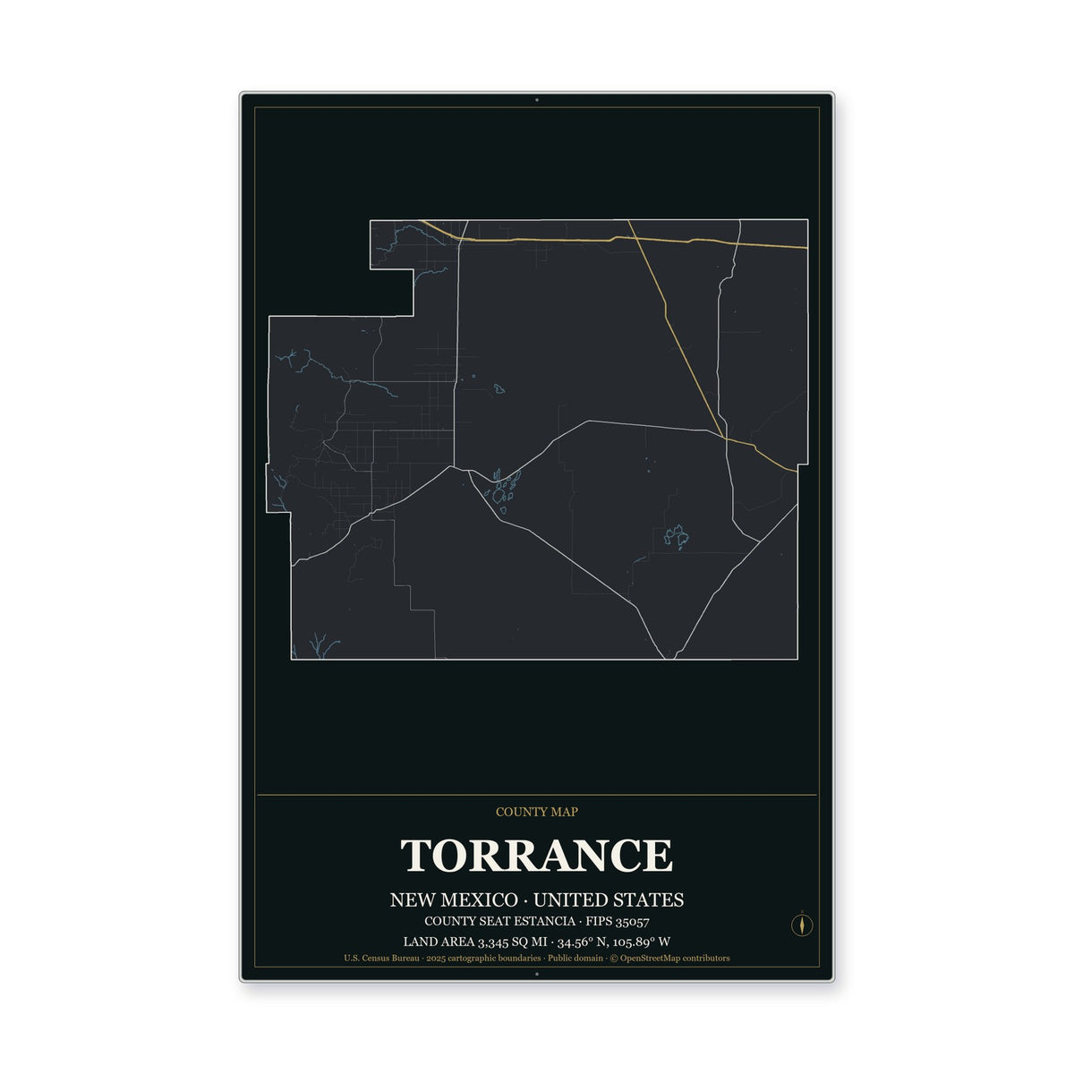 Torrance County, New Mexico Map Aluminum Sign in Metropolitan Noir style