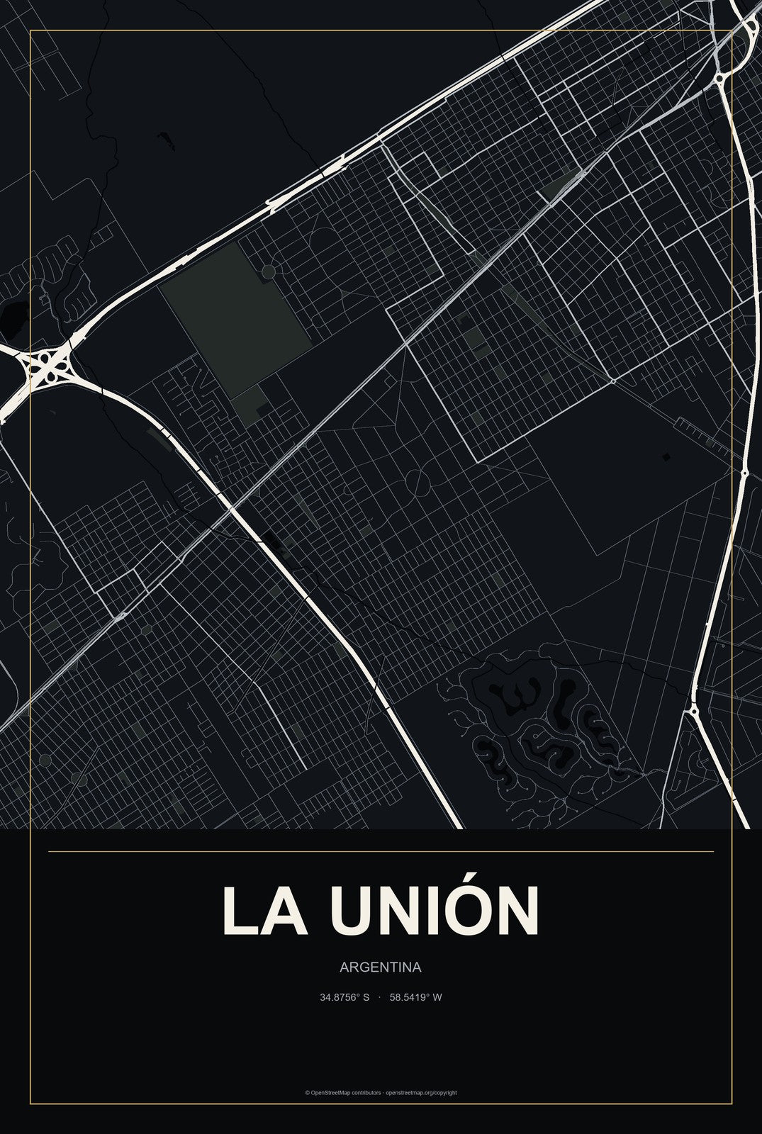 La Unión, Argentina City Map Aluminum Sign in Metropolitan Noir style