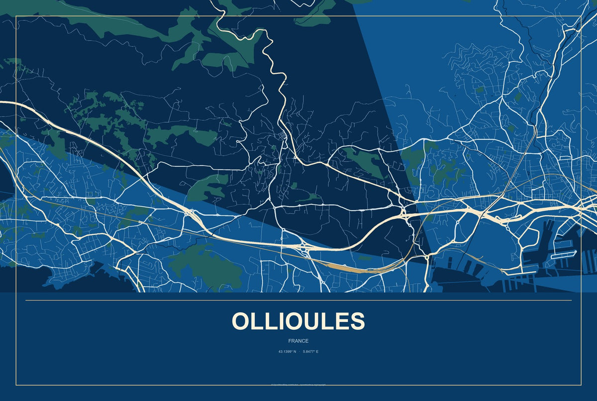 Ollioules, France City Map Aluminum Sign in Harbor Cobalt style