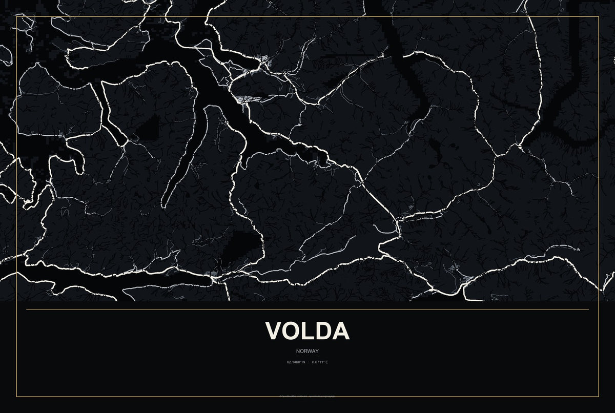 Volda, Norway City Map Aluminum Sign in Metropolitan Noir style