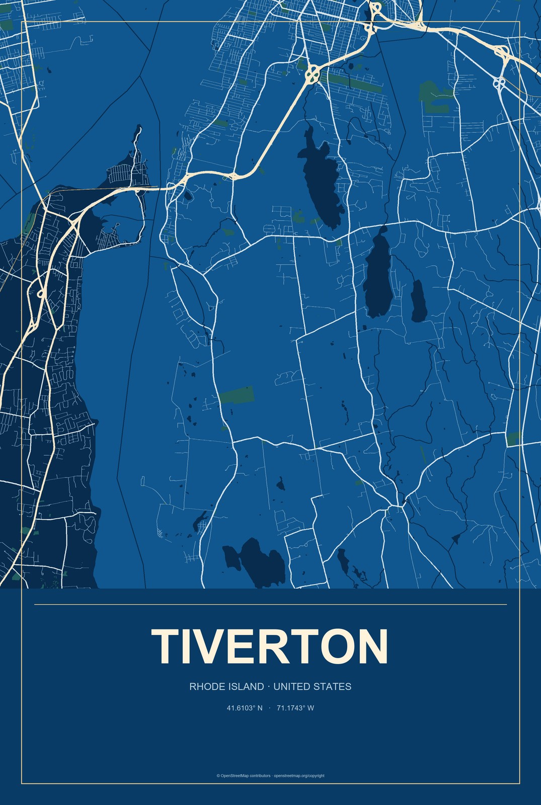 Tiverton, Rhode Island City Map Aluminum Sign in Harbor Cobalt style