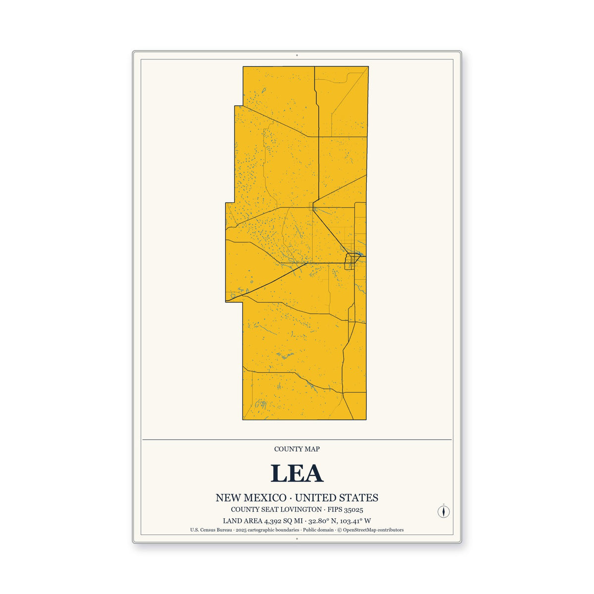 Lea County, New Mexico Map Aluminum Sign in Citrine Modern style