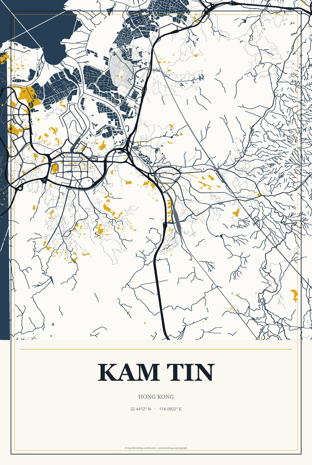Kam Tin, Hong Kong City Map Aluminum Sign in Citrine Modern style