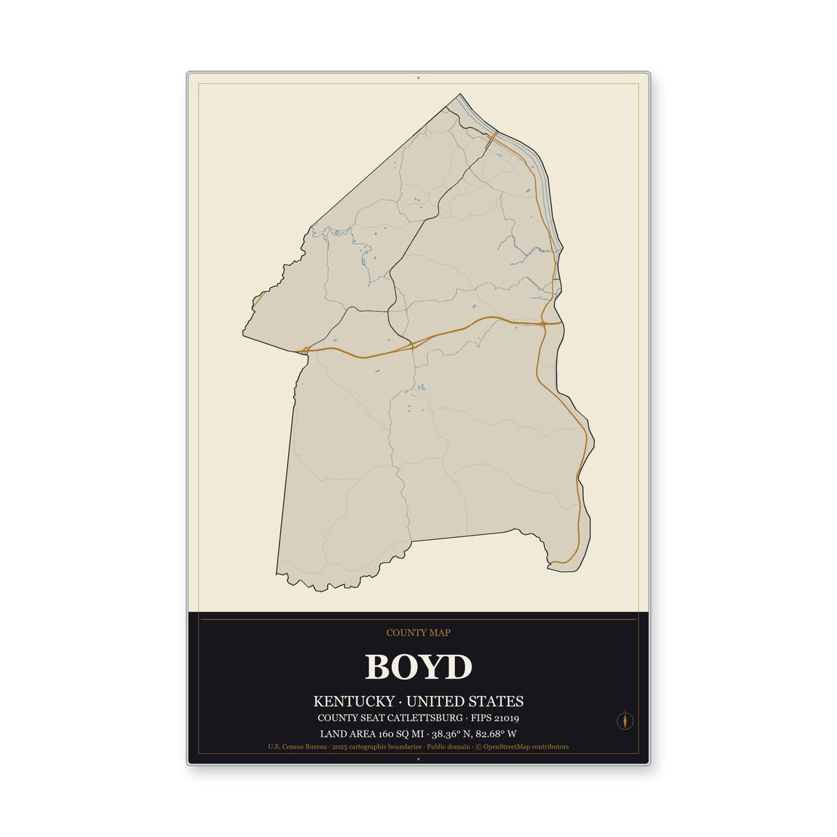 Boyd County, Kentucky Map Aluminum Sign in Museum Plaque style