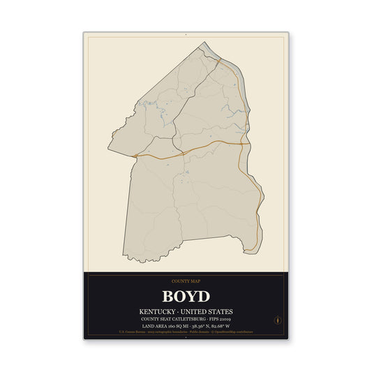 Boyd County, Kentucky Map Aluminum Sign in Museum Plaque style