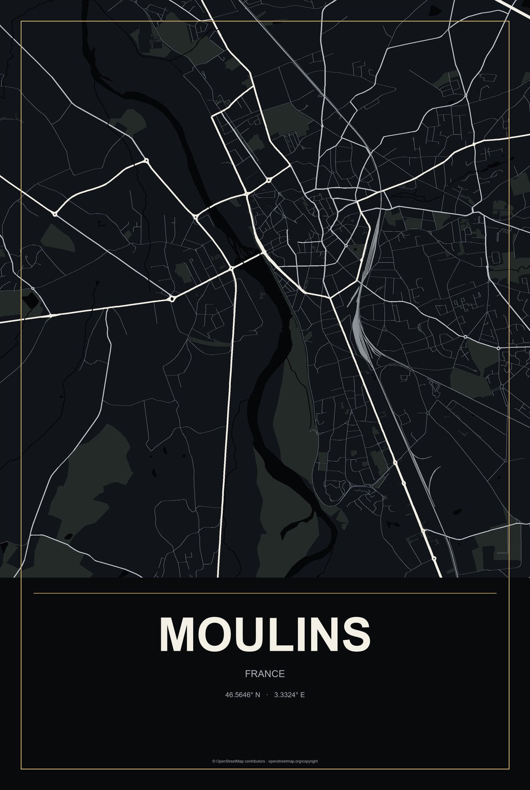 Moulins, France City Map Aluminum Sign in Metropolitan Noir style