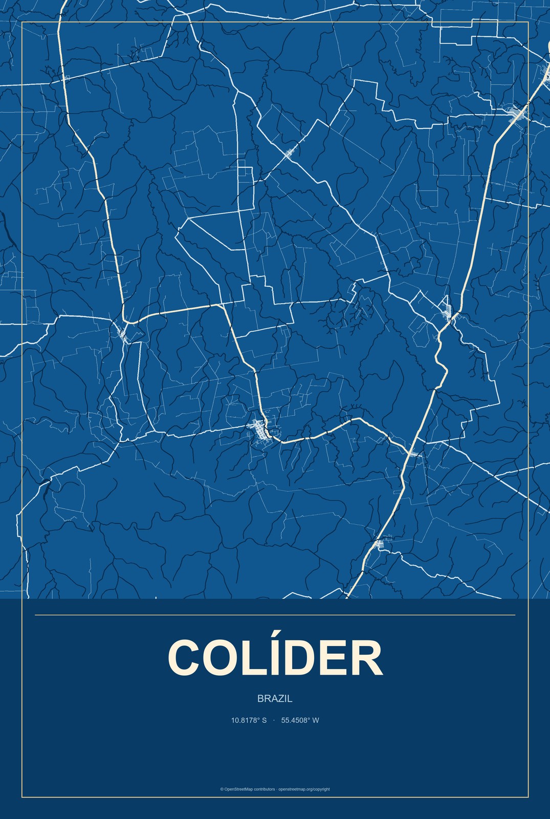 Colíder, Brazil City Map Aluminum Sign in Harbor Cobalt style