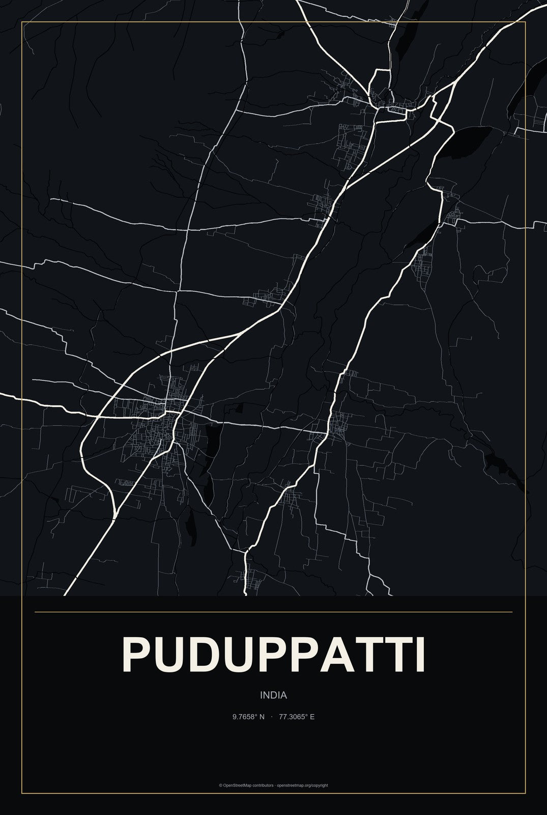 Puduppatti, India City Map Aluminum Sign in Metropolitan Noir style
