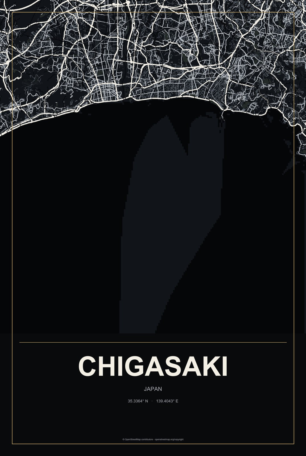 Chigasaki, Japan City Map Aluminum Sign in Metropolitan Noir style