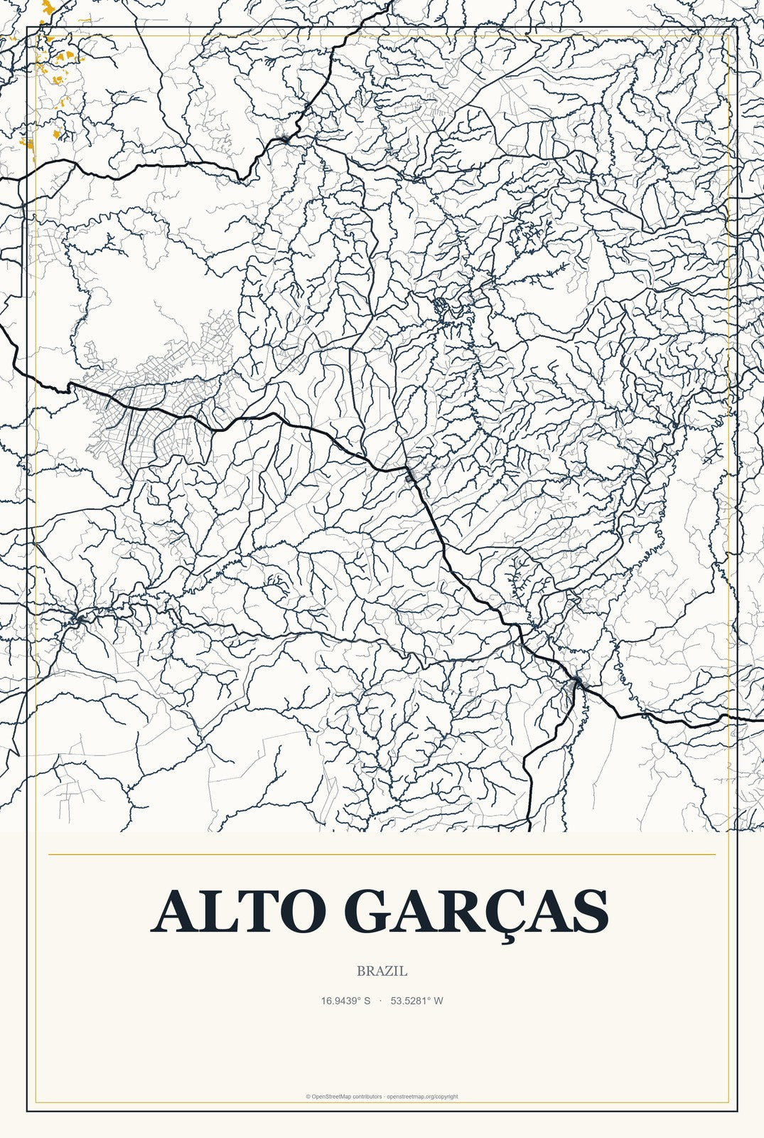 Alto Garças, Brazil City Map Aluminum Sign in Citrine Modern style