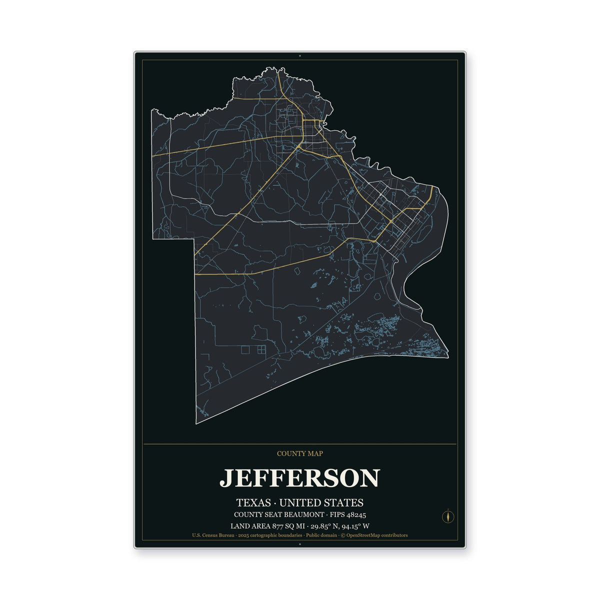 Jefferson County, Texas Map Aluminum Sign in Metropolitan Noir style