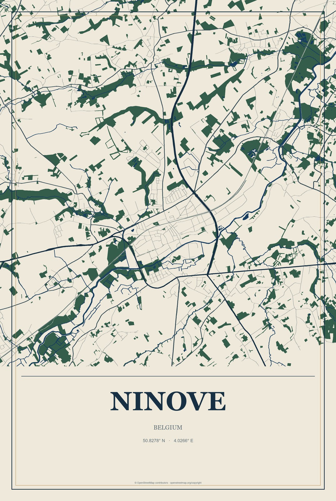 Ninove, Belgium City Map Aluminum Sign in Coastal Cutout style