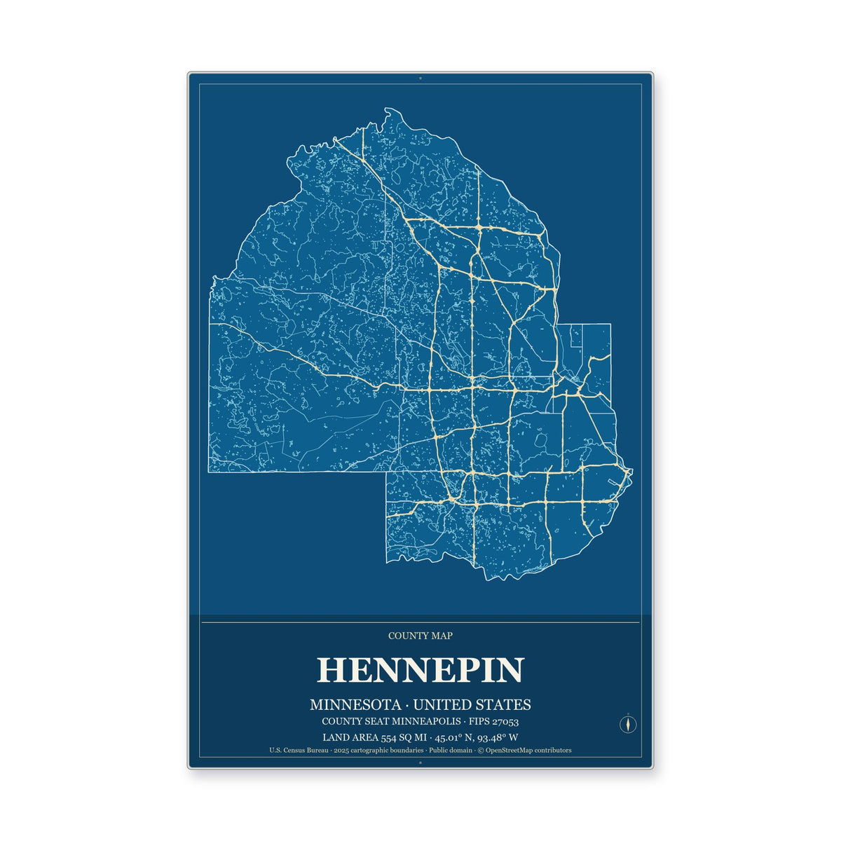 Hennepin County, Minnesota Map Aluminum Sign in Harbor Cobalt style