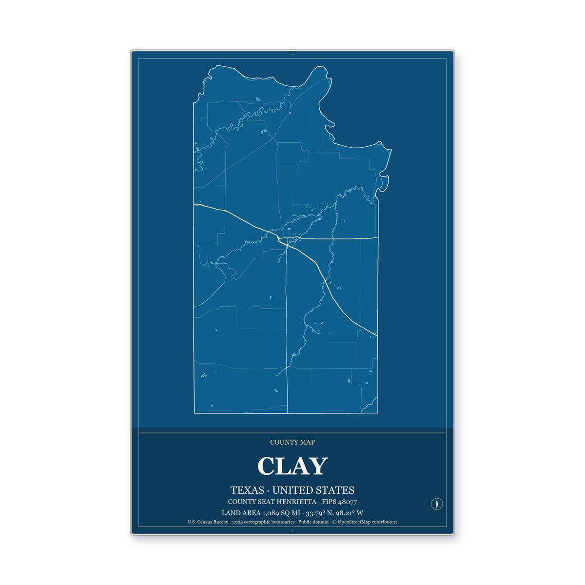 Clay County, Texas Map Aluminum Sign in Harbor Cobalt style