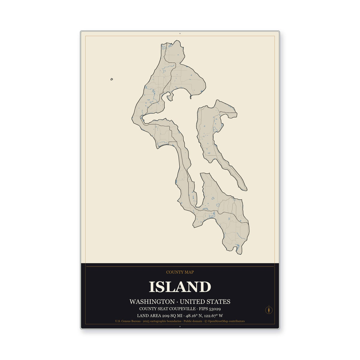 Island County, Washington Map Aluminum Sign in Museum Plaque style