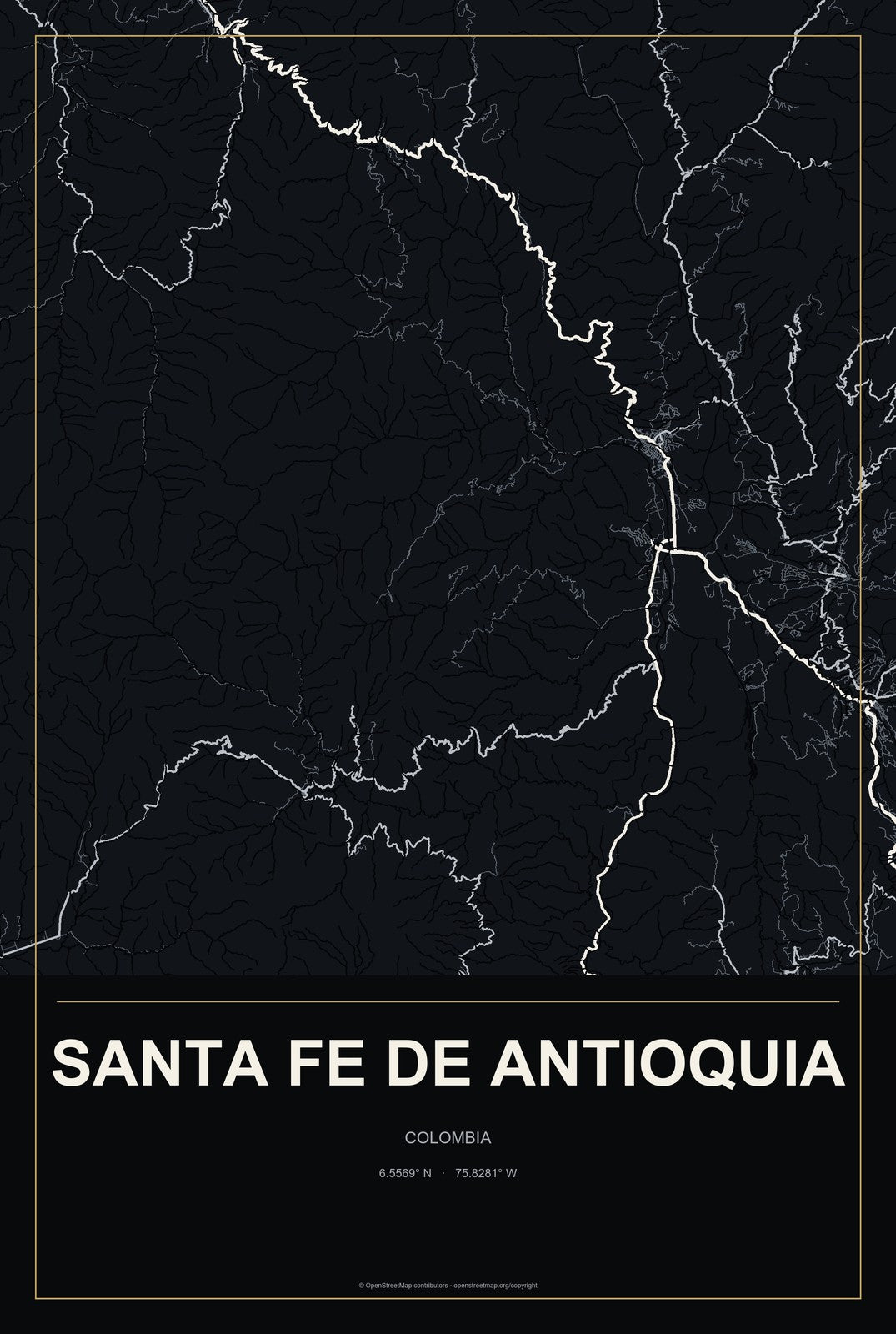 Santa Fe de Antioquia, Colombia City Map Aluminum Sign in Metropolitan Noir style