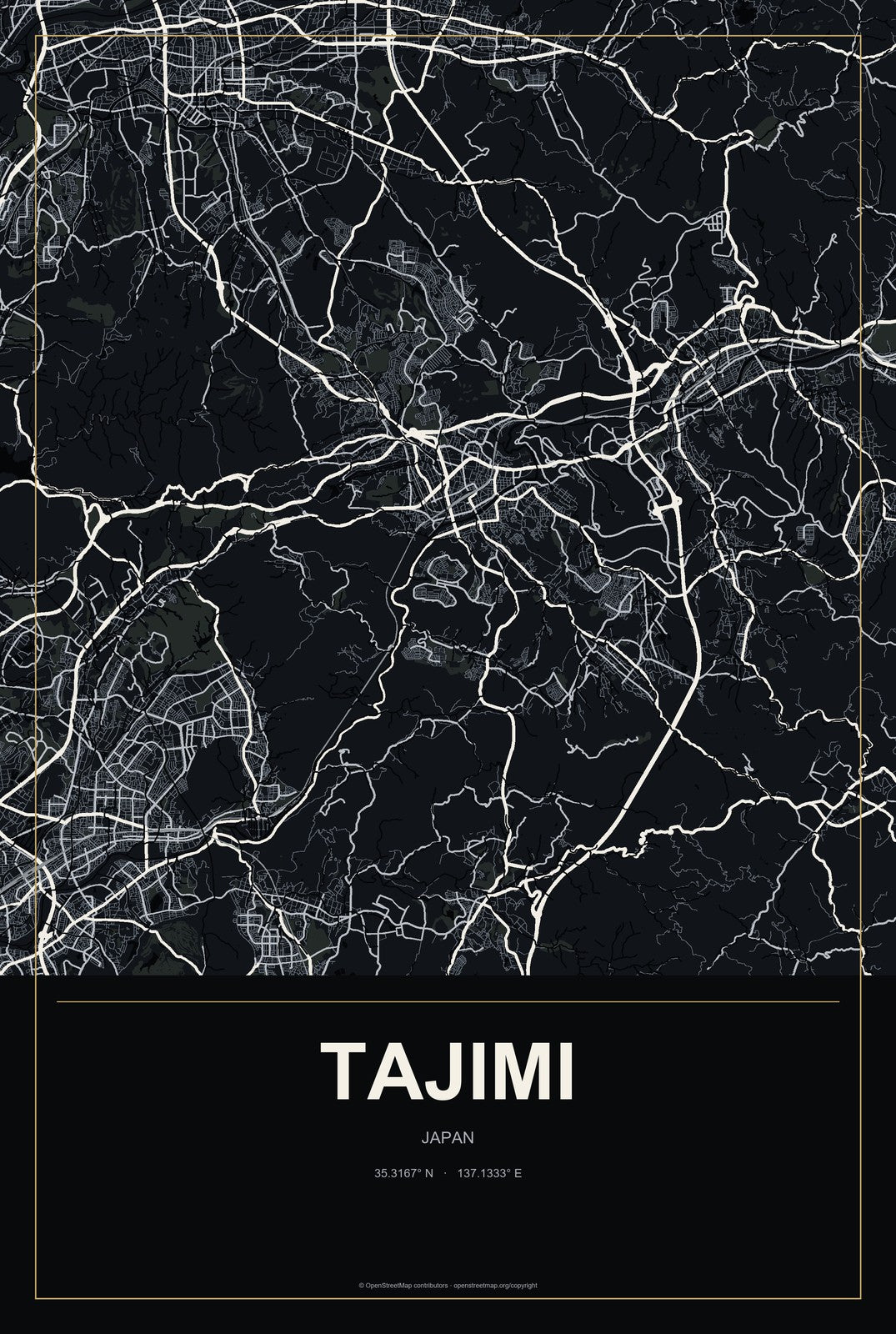 Tajimi, Japan City Map Aluminum Sign in Metropolitan Noir style