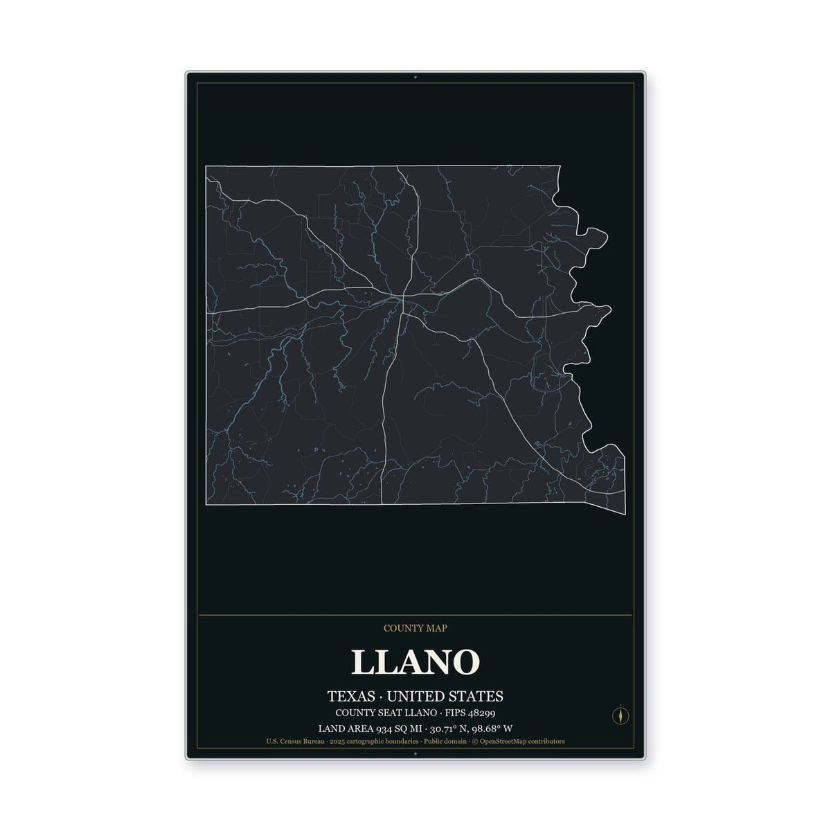 Llano County, Texas Map Aluminum Sign in Metropolitan Noir style