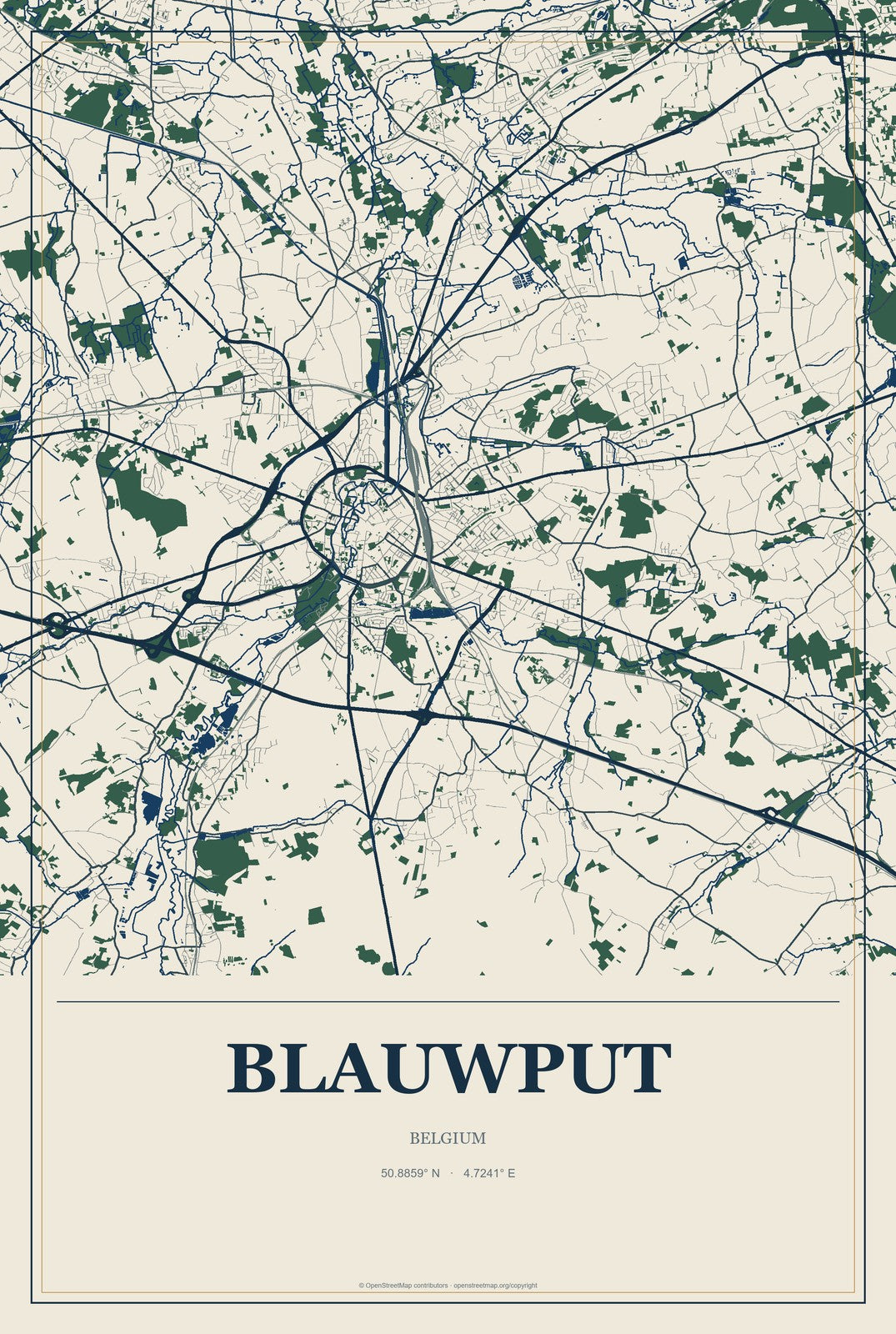 Blauwput, Belgium City Map Aluminum Sign in Coastal Cutout style