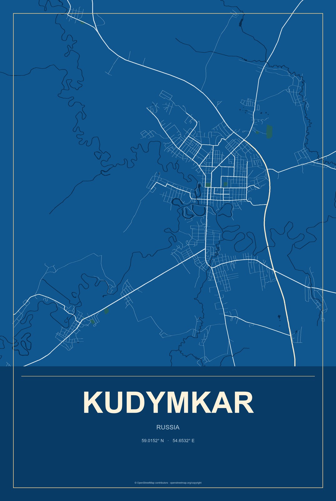 Kudymkar, Russia City Map Aluminum Sign in Harbor Cobalt style