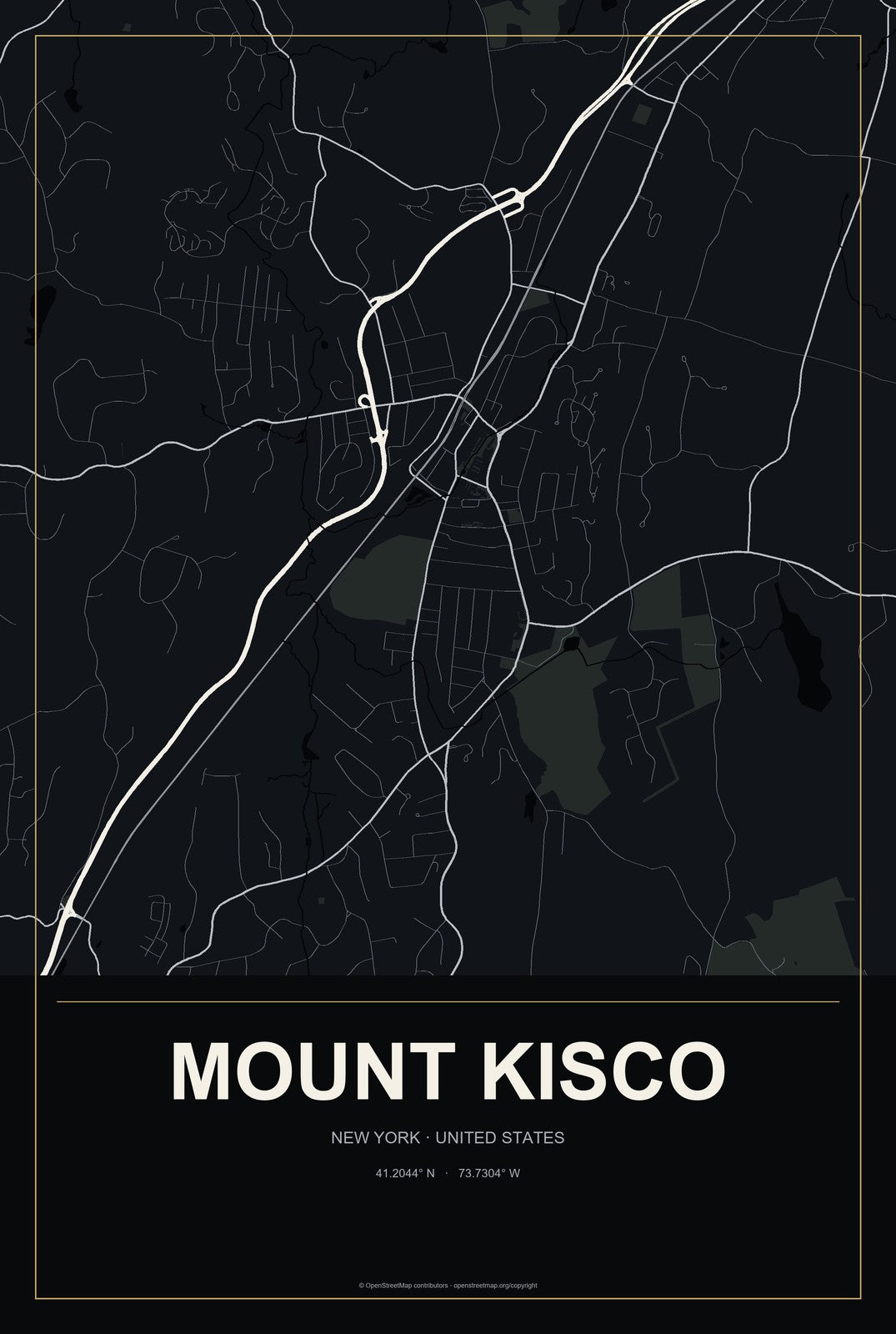 Mount Kisco, New York City Map Aluminum Sign in Metropolitan Noir style