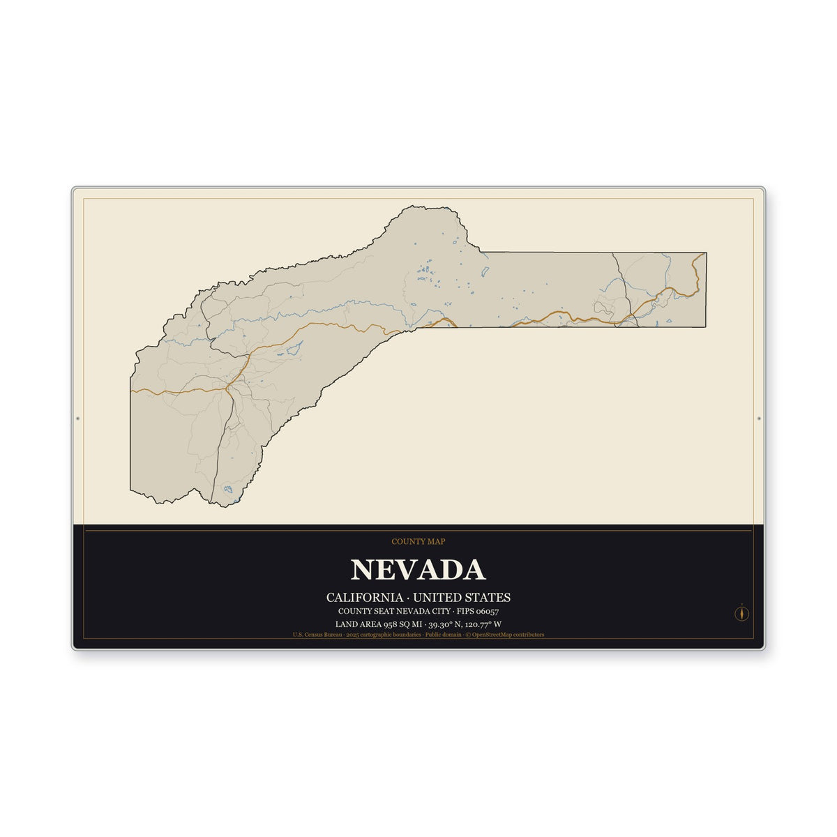 Nevada County, California Map Aluminum Sign in Museum Plaque style
