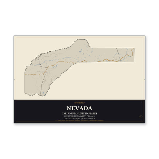 Nevada County, California Map Aluminum Sign in Museum Plaque style