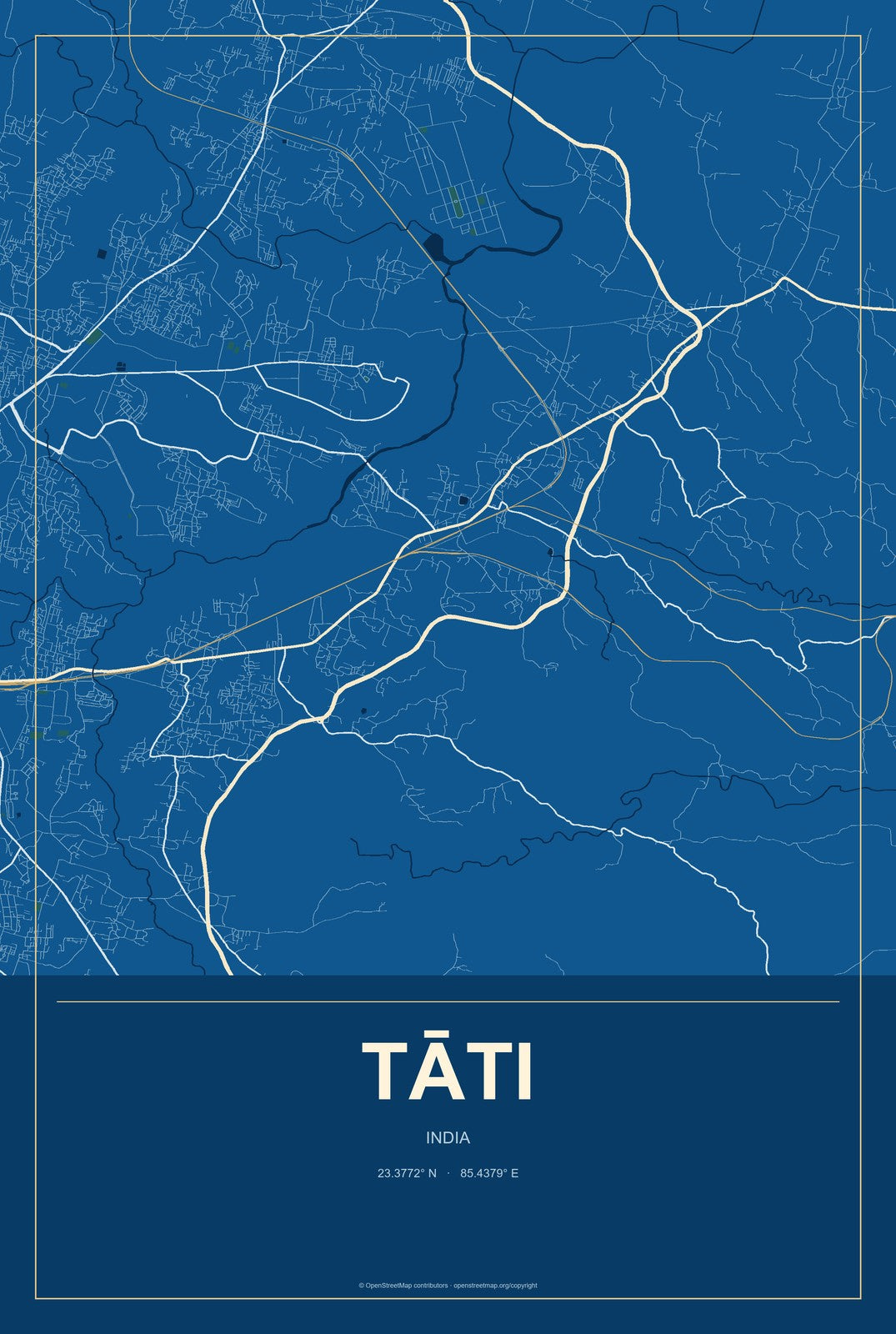 Tāti, India City Map Aluminum Sign in Harbor Cobalt style