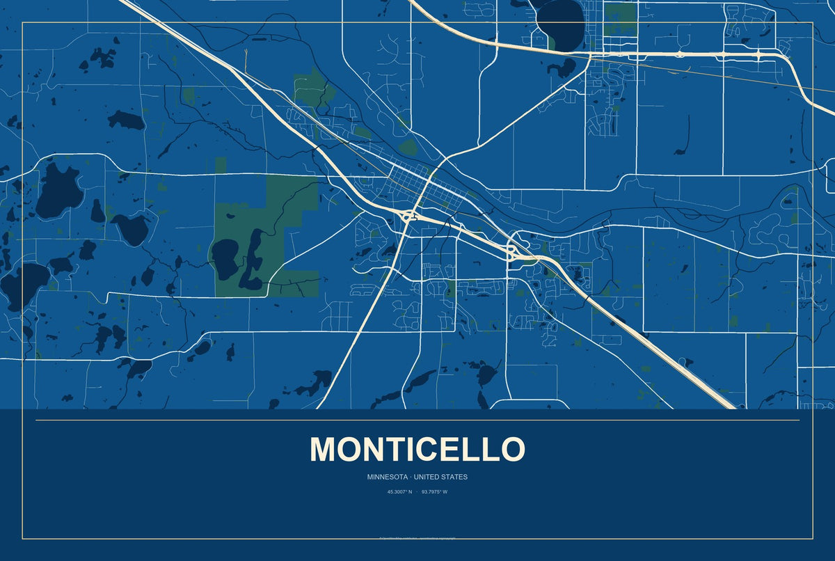 Monticello, Minnesota City Map Aluminum Sign in Harbor Cobalt style