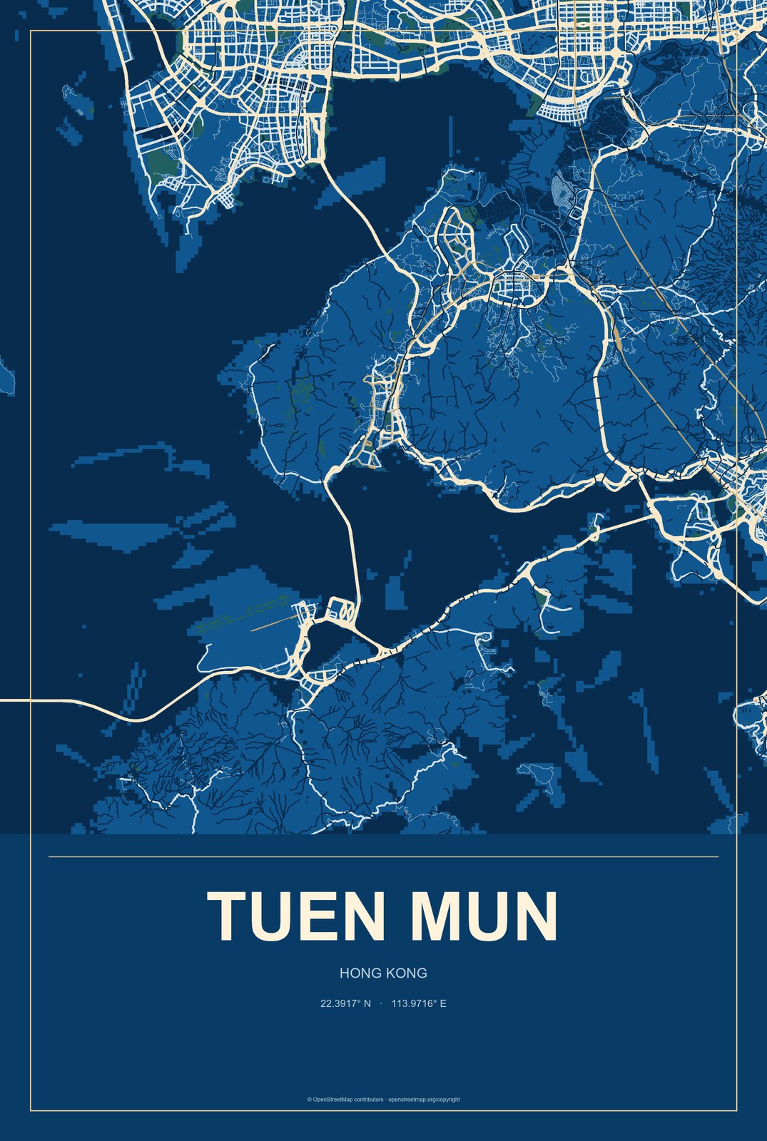 Tuen Mun, Hong Kong City Map Aluminum Sign in Harbor Cobalt style